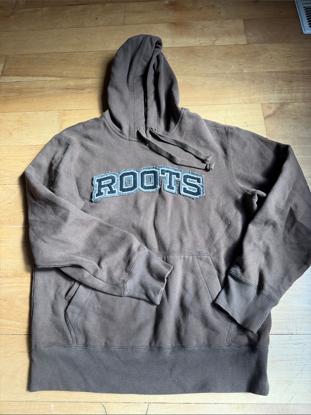 Vintage Roots Brown Hoodie with Blue and White Chest Patch